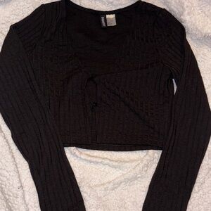 Divided Black Ribbed Long Sleeve Crop Top